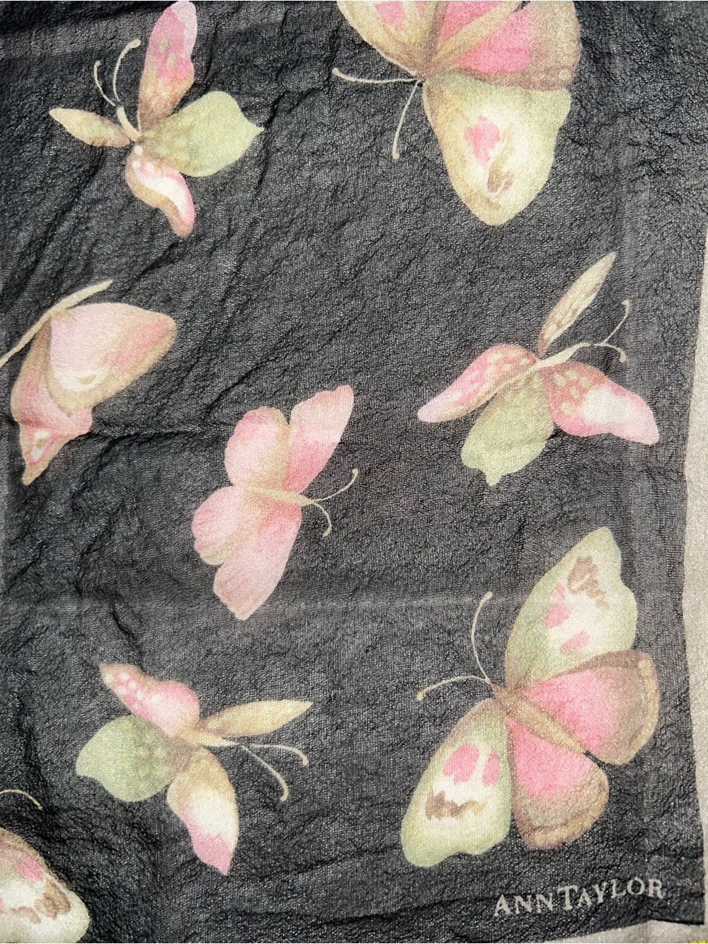 Ann Taylor Black Silk Scarf with Pink & Green Butterflies - Picture 4 of 4